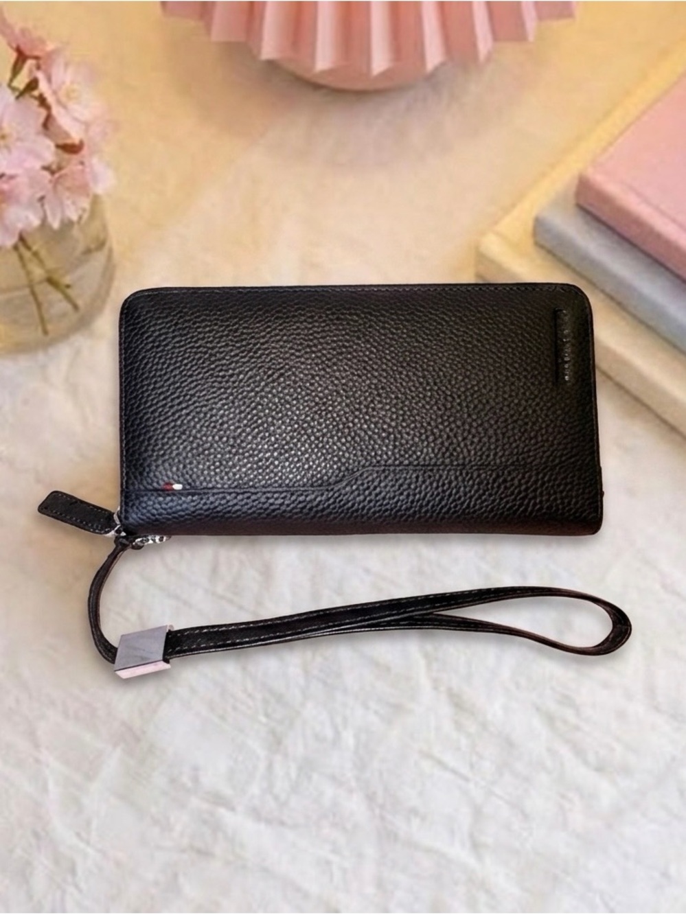 NWT Bison Denim Pebbled Leather Long Wallet with Wristlet Strap